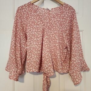 Sienna Sky Pink Flora V- Neck Bell Sleeve Waist Tie Flowy Women's Top Size M